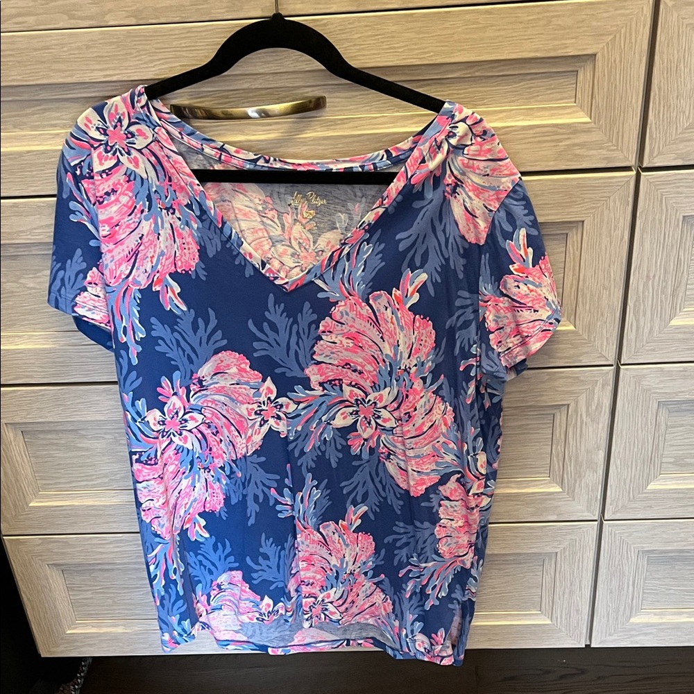 Lilly Pulitzer Blue and Pink Floral V-Neck Top